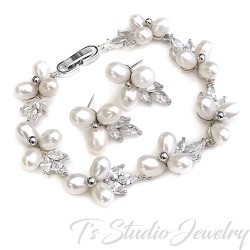 Freshwater Pearl Cubic Zirconia Necklace Earrings Bridal Jewelry Set