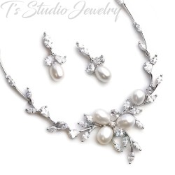 Freshwater Pearl Cubic Zirconia Necklace Earrings Bridal Jewelry Set