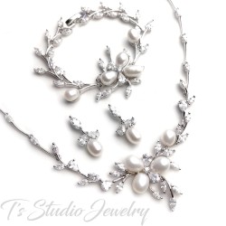 Freshwater Pearl CZ Necklace, Bracelet and Earrings Bridal Jewelry Set