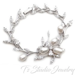 Freshwater Pearl CZ Necklace, Bracelet and Earrings Bridal Jewelry Set