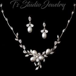 Freshwater Pearl CZ Necklace, Bracelet and Earrings Bridal Jewelry Set