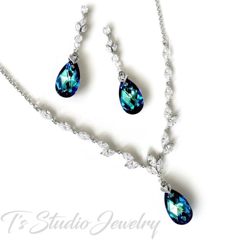 Something Blue Crystal and CZ Bridal Wedding Necklace and Earring Set