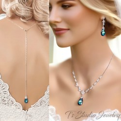 Backdrop Bridal Wedding Necklace Earring Set Something Blue Jewelry