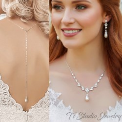 Backdrop Style Pearl Bridal Wedding Necklace and Earring Jewelry Set