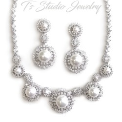 Pearl and CZ Crystal Bridal Necklace, Bracelet and Earrings Set