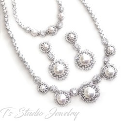 Pearl and CZ Crystal Bridal Necklace, Bracelet and Earrings Set