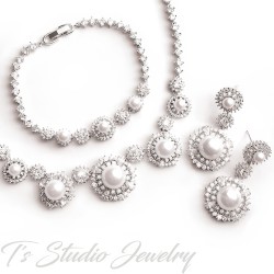 Pearl and CZ Crystal Bridal Necklace, Bracelet and Earrings Set