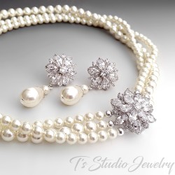 3-Strand Pearl Bridal Necklace with Offset Crystal Flower and Earrings