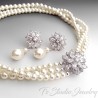 3-Strand Pearl Bridal Necklace with Offset Crystal Flower and Earrings