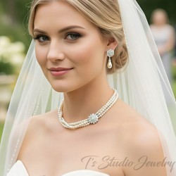 3-Strand Pearl Bridal Necklace with Offset Crystal Flower and Earrings