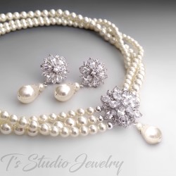 3-Strand Pearl Bridal Necklace with CZ Crystal Flower and Earrings