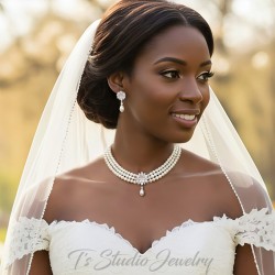 3-Strand Pearl Bridal Necklace with CZ Crystal Flower and Earrings