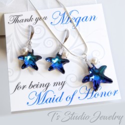 Blue Crystal Starfish Bridesmaid Necklace and Earrings Set with Pearls