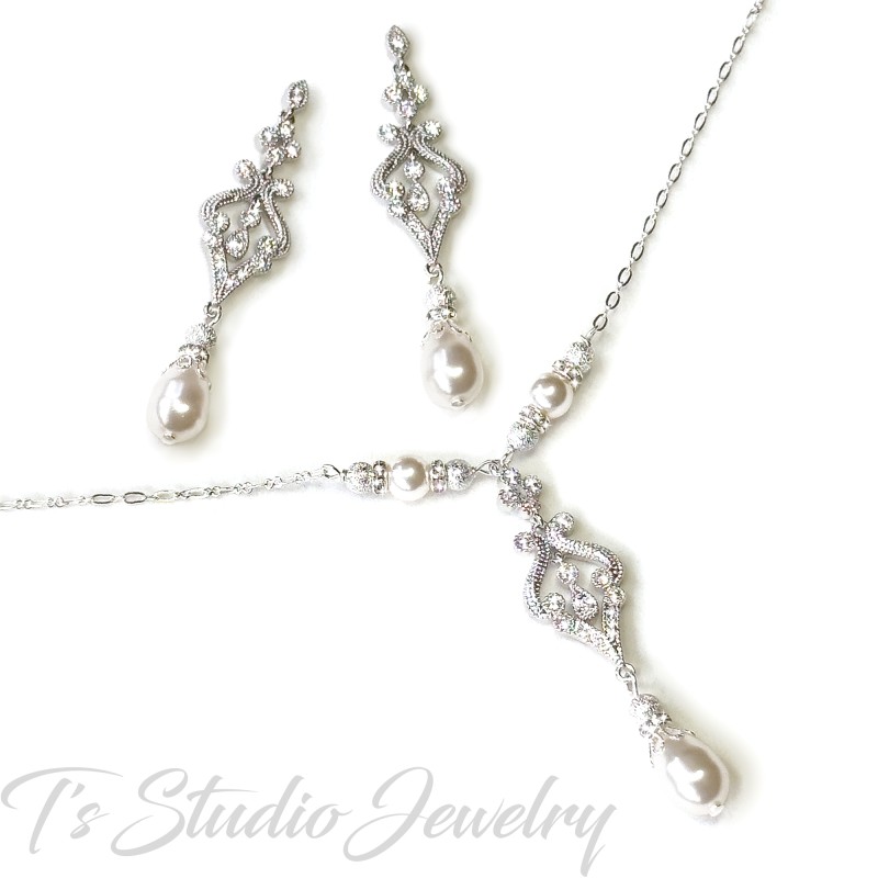 Pearl and Crystal Pave Chandelier Bridal Necklace and Earrings Set