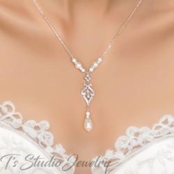 Pearl and Crystal Pave Chandelier Bridal Necklace and Earrings Set