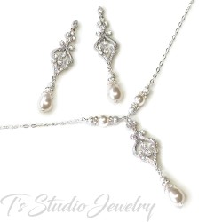Pearl and Crystal Pave Chandelier Bridal Necklace and Earrings Set