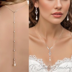 Back drop Pearl and Cubic Zirconia Bridal Wedding Necklace Earring Set
