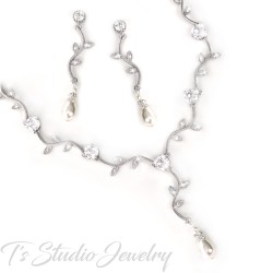 Bridal pave vine leaf cubic zirconia crystal necklace earrings set
