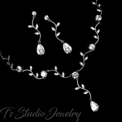 Bridal pave vine leaf cubic zirconia crystal necklace earrings set