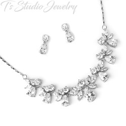 Cubic Zirconia Crystal Bridal Necklace Earrings Wedding Jewelry Set