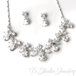 Cubic Zirconia Crystal Bridal Necklace Earrings Wedding Jewelry Set