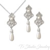 Vintage Theme Crystal and Teardrop Pearl Bridal Necklace Earring Set
