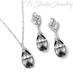 Charcoal Grey Crystal Necklace Earrings Set - Bridesmaid Gift Set