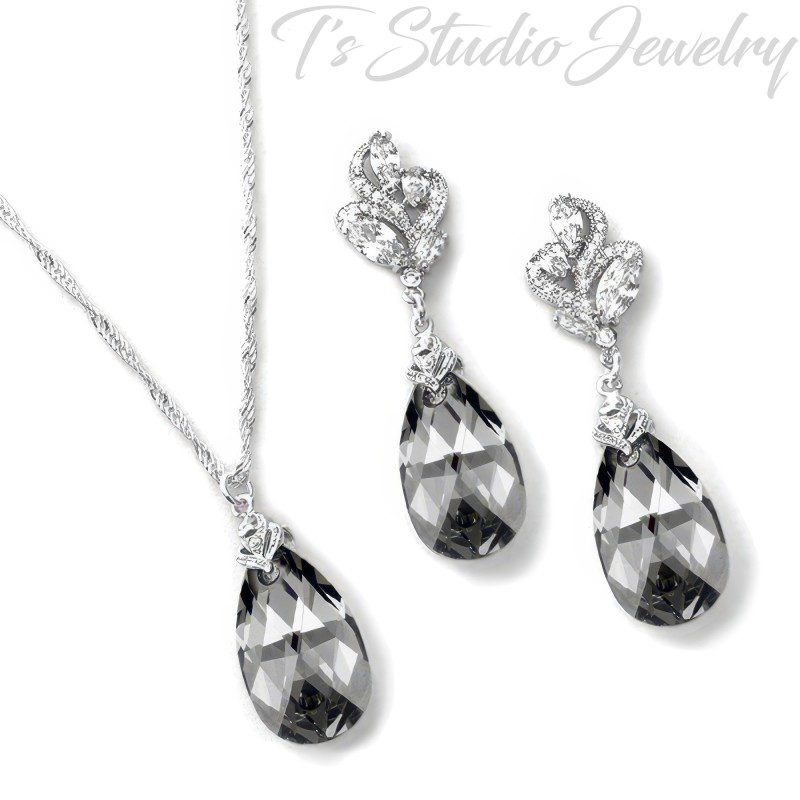 Charcoal Grey Crystal Necklace Earrings Set - Bridesmaid Gift Set
