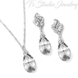 Light Grey Crystal Necklace Earrings Set - Bridesmaid Gift Set