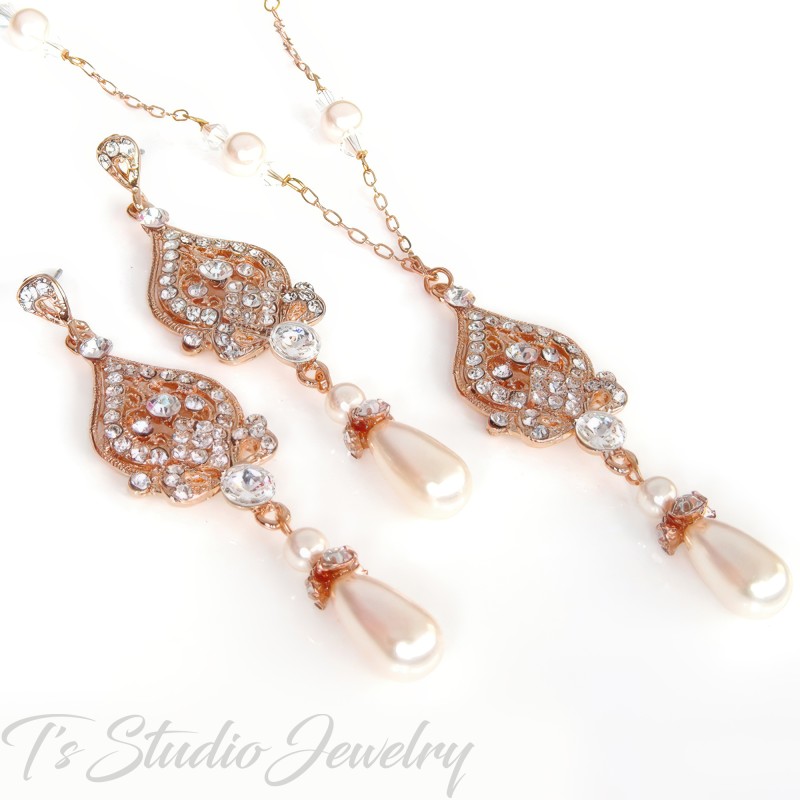 Bridal Necklace Earrings Jewelry Set with Pearls Silver Gold Rose Gold