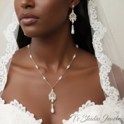 Bridal Necklace Earrings Jewelry Set with Pearls Silver Gold Rose Gold