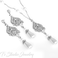 Bridal Necklace Earrings Jewelry Set with Pearls Silver Gold Rose Gold
