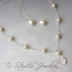 Pearl and CZ Back Drop Bridal Necklace Earrings Wedding Jewelry Set