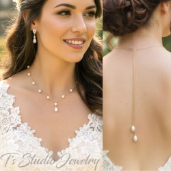 Pearl and CZ Back Drop Bridal Necklace Earrings Wedding Jewelry Set