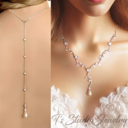Backdrop bridal pave vine leaf cubic zirconia crystal necklace earrings set