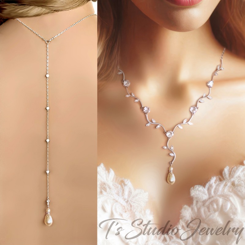 Backdrop bridal pave vine leaf cubic zirconia crystal necklace earrings set