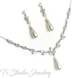 Backdrop Style Pearl Bridal Wedding Necklace and Earring Jewelry Set