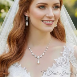Backdrop Style Pearl Bridal Wedding Necklace and Earring Jewelry Set