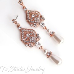 Rose Gold Pearl Crystal Chandelier Bridal Earrings