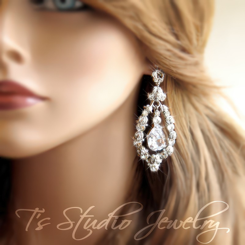 CZ Cubic Zirconia Rhinestone Crystal Bridal Chandelier Hoop Earrings