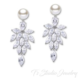 Pearl bridal earrings cubic zirconia crystal cluster chandelier drop