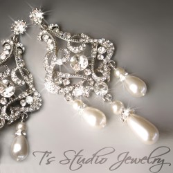 Long Pearl Bridal Chandelier Earrings - Statement Wedding Jewelry