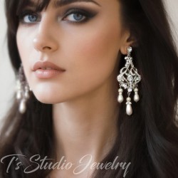 Long Pearl Bridal Chandelier Earrings - Statement Wedding Jewelry