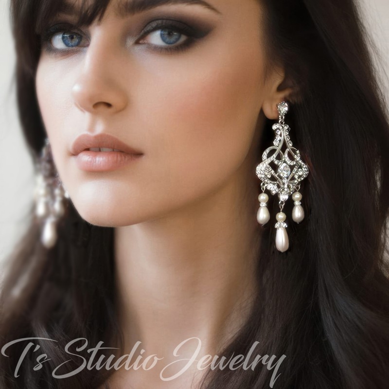 Long Pearl Bridal Chandelier Earrings - Statement Wedding Jewelry