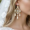 Long Romantic Pearl and Rhinestone Crystal Bridal Chandelier Earrings