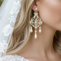 Long Gold Pearl and Rhinestone Crystal Bridal Chandelier Earrings