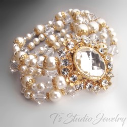 Long Gold Pearl and Rhinestone Crystal Bridal Chandelier Earrings