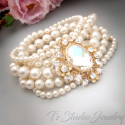 Long Gold Pearl and Rhinestone Crystal Bridal Chandelier Earrings