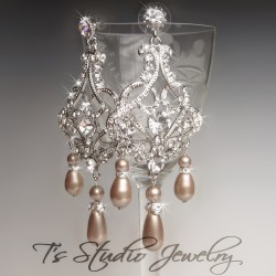 Vintage Champagne Pearl Silver Rhinestone Bridal Chandelier Earrings