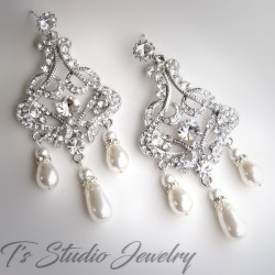 Long Pearl Bridal Chandelier Earrings - Statement Wedding Jewelry